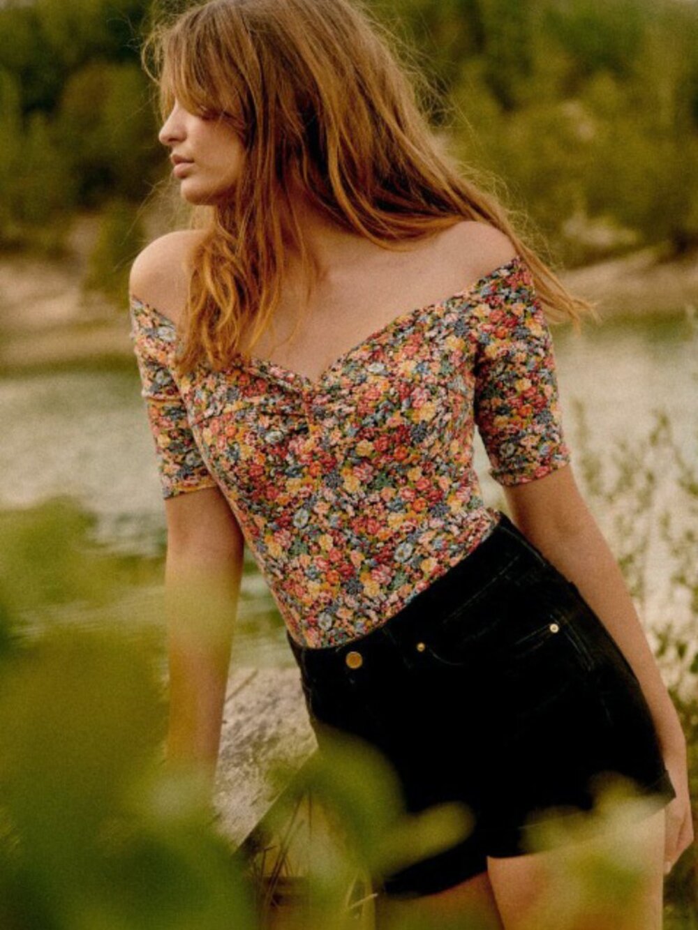 New Sezane Caro Cotton Blend Floral Bardot Top Sunflower XS